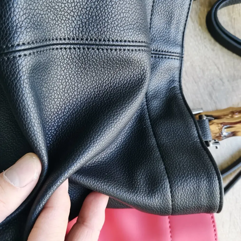 Black & Red Bamboo Handle Women’s Handbag with Detachable Strap for Daily Use