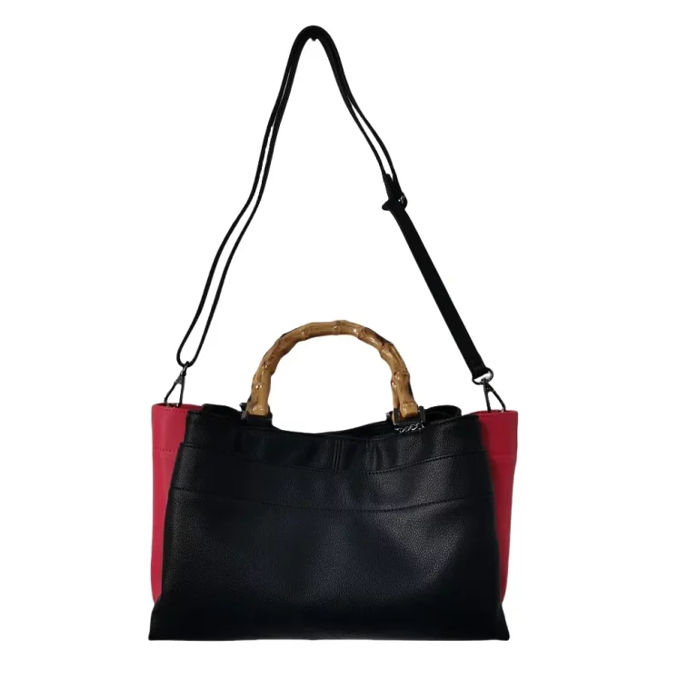 Black & Red Bamboo Handle Women’s Handbag with Detachable Strap for Daily Use