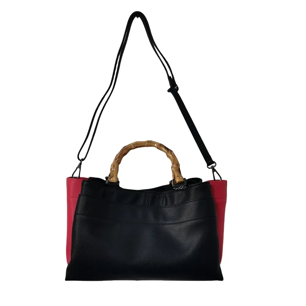 Black & Red Bamboo Handle Women’s Handbag with Detachable Strap for Daily Use