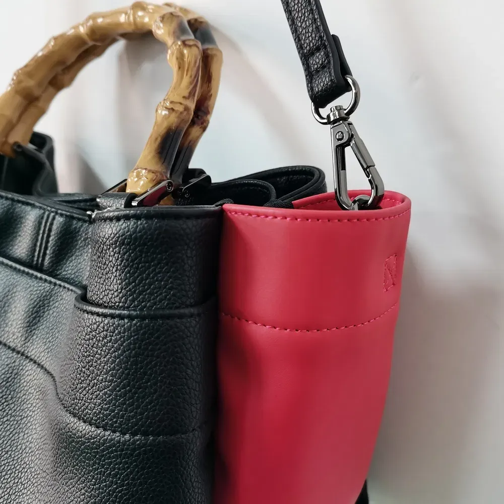 Black & Red Bamboo Handle Women’s Handbag with Detachable Strap for Daily Use