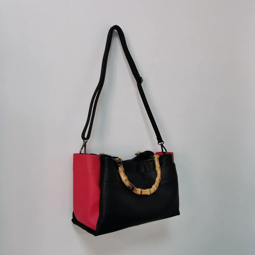 Black & Red Bamboo Handle Women’s Handbag with Detachable Strap for Daily Use