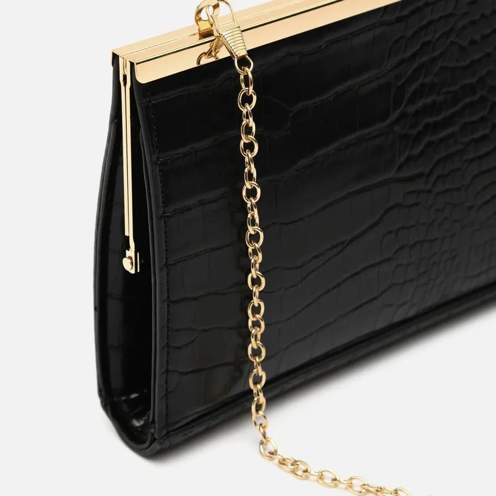 Slim Black Faux Leather Wallet with Detachable Gold Chain