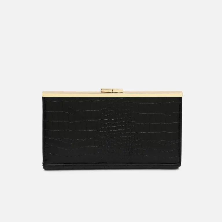 Slim Black Faux Leather Wallet with Detachable Gold Chain