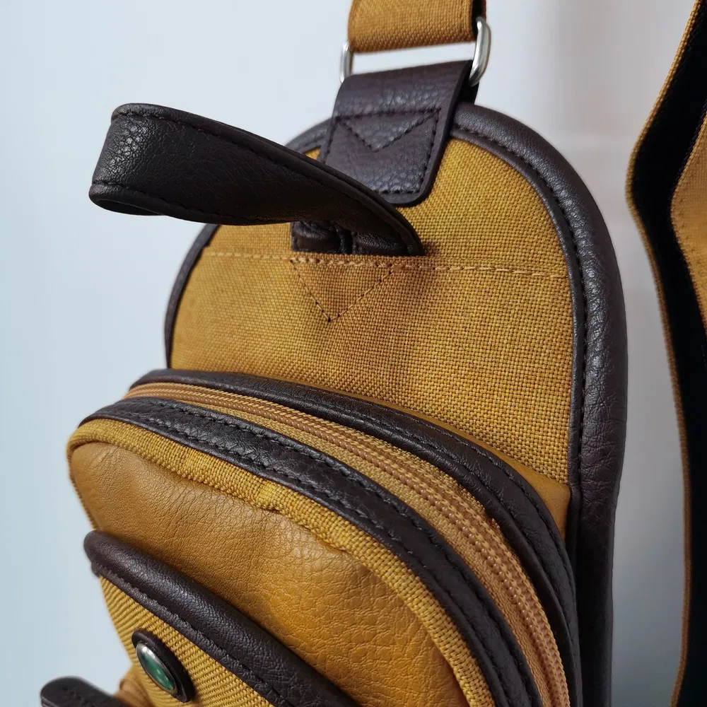 Tan Canvas & Leather Sling Bag Multi-Pocket, Breathable Strap Bag for Daily Outings