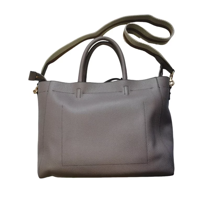 Taupe Pebbled Faux Leather Tote with Striped Strap and Gold Hardware