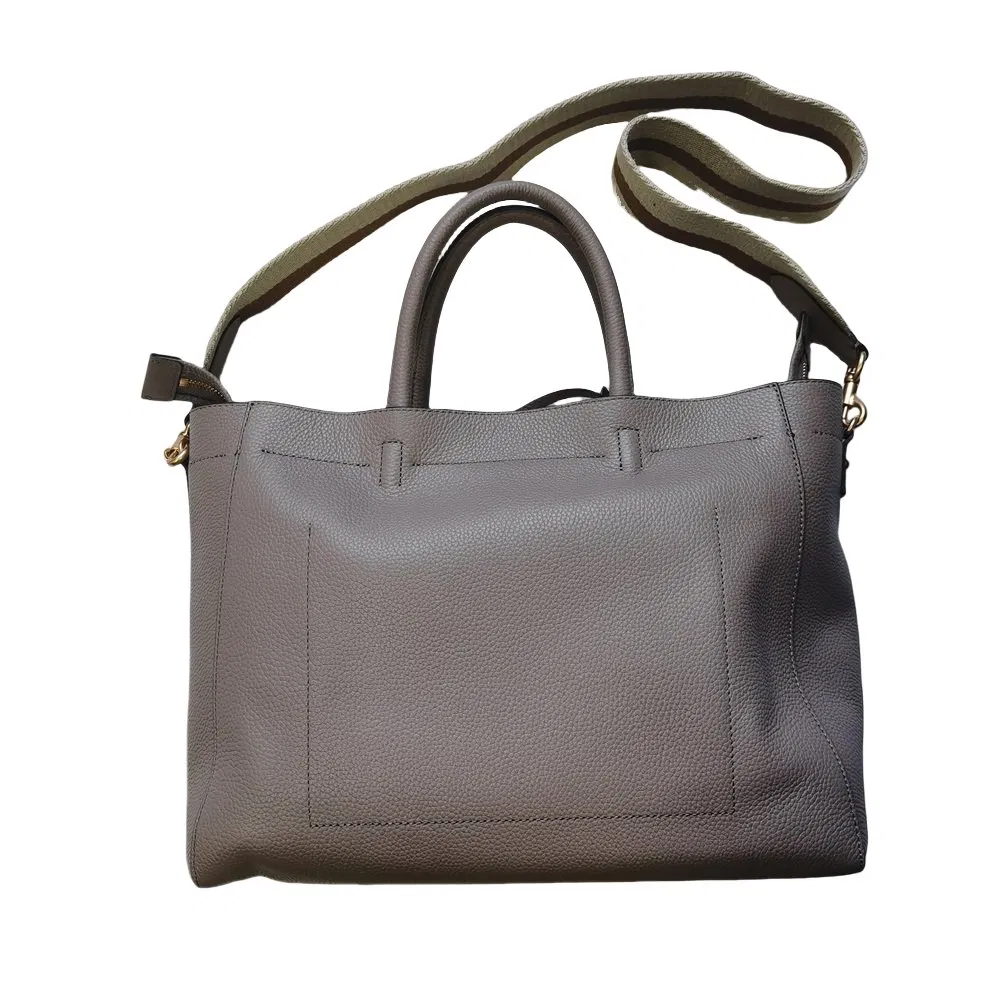 Taupe Pebbled Faux Leather Tote with Striped Strap and Gold Hardware