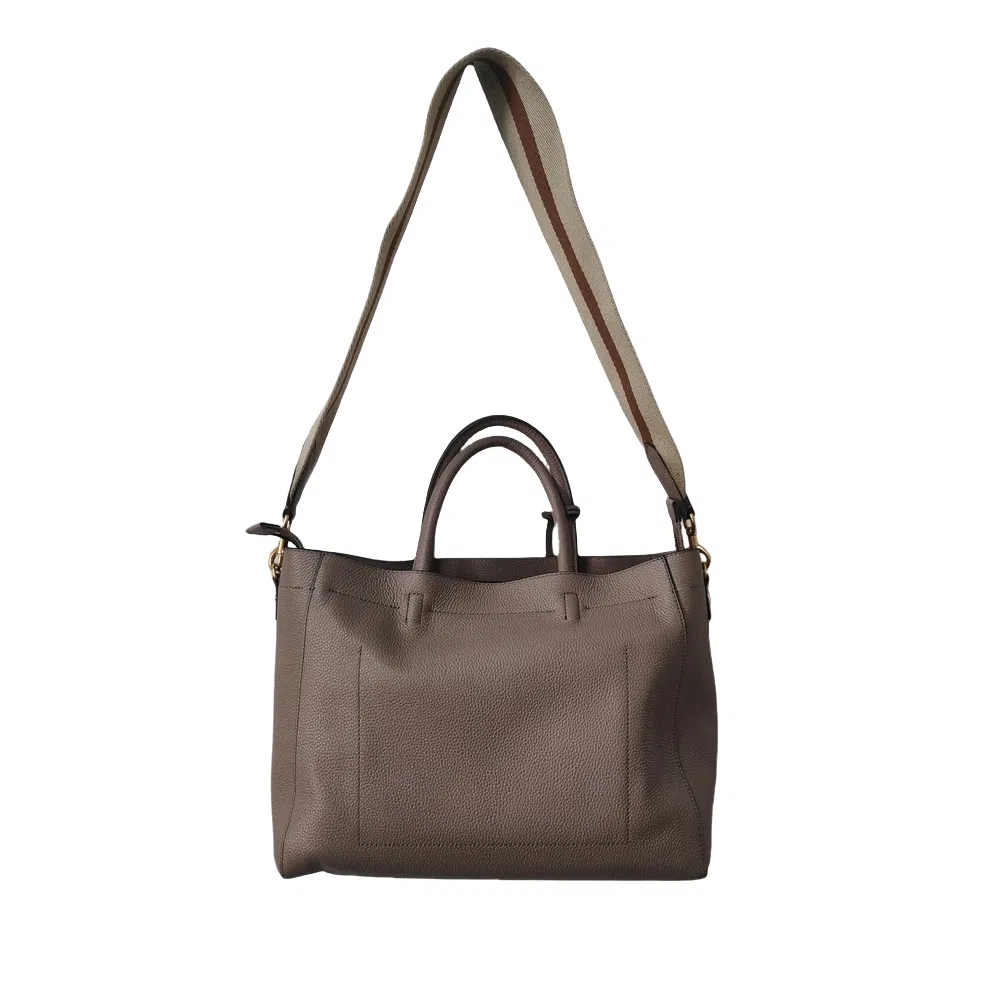 Taupe Pebbled Faux Leather Tote with Striped Strap and Gold Hardware