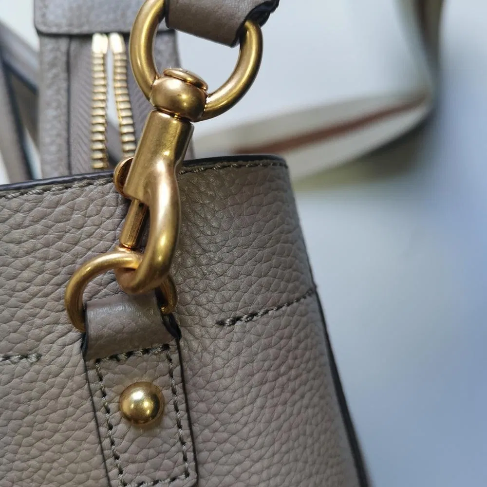 Taupe Pebbled Faux Leather Tote with Striped Strap and Gold Hardware