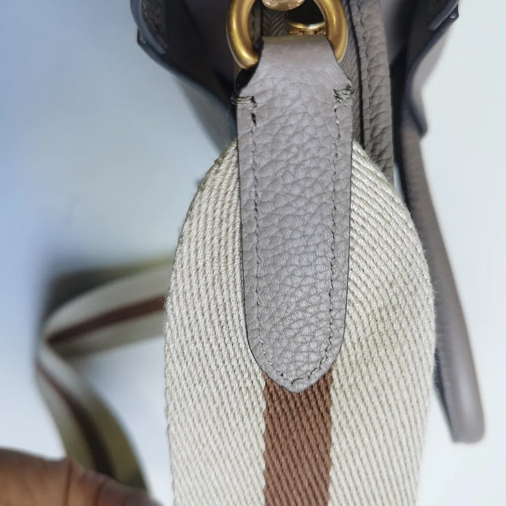 Taupe Pebbled Faux Leather Tote with Striped Strap and Gold Hardware