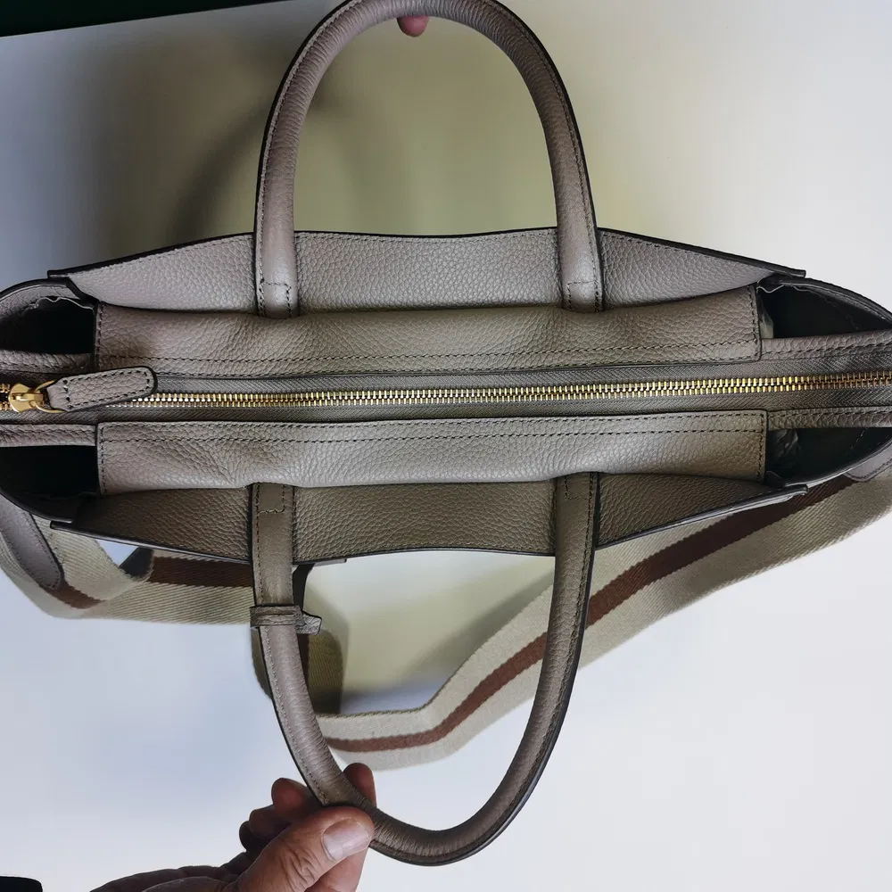 Taupe Pebbled Faux Leather Tote with Striped Strap and Gold Hardware