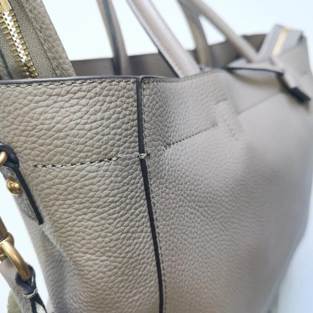 Taupe Pebbled Faux Leather Tote with Striped Strap and Gold Hardware
