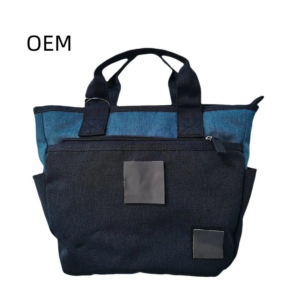 Two-Tone Denim Tote Bag with Multi Pockets for Daily & Casual Use