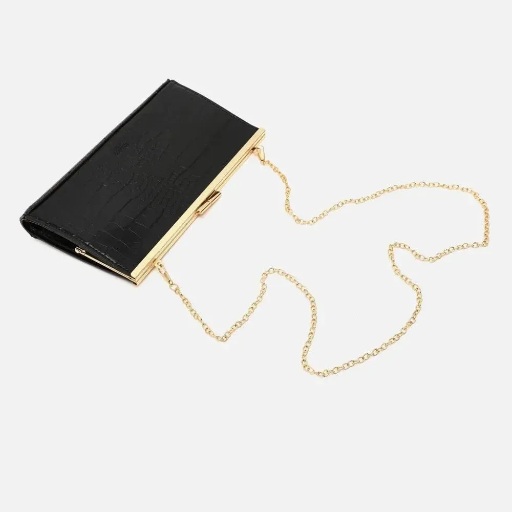 Slim Black Faux Leather Wallet with Detachable Gold Chain