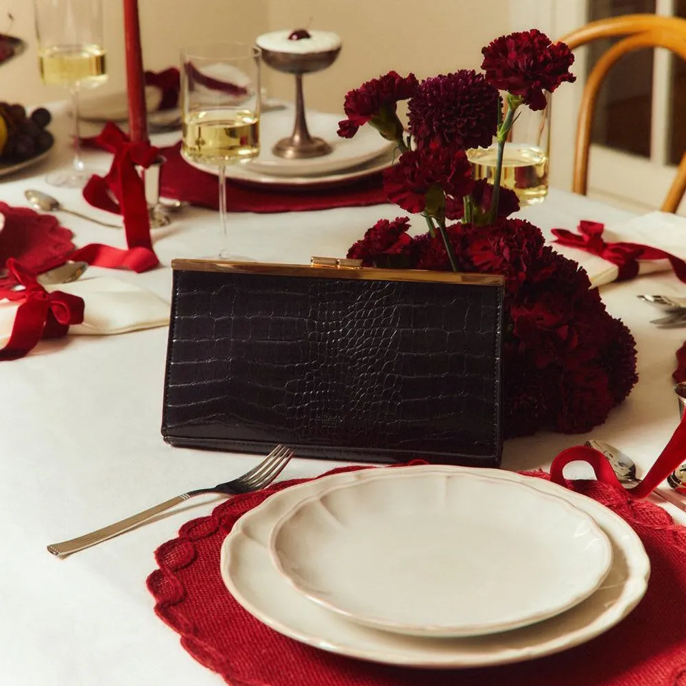 Slim Black Faux Leather Wallet with Detachable Gold Chain