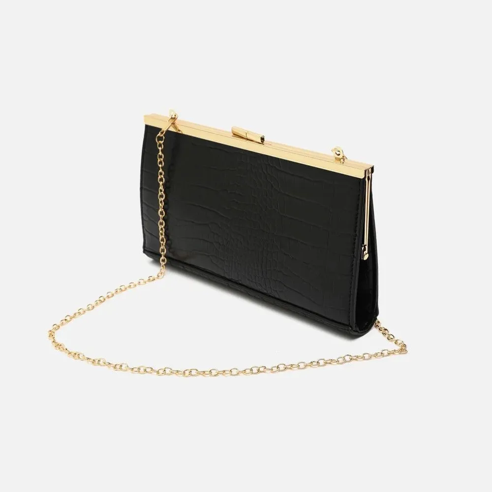 Slim Black Faux Leather Wallet with Detachable Gold Chain