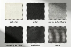 polyester, nylon, canvas, Oxford fabric, RPET recycled fabric, PU leather, PVC-coated fabric, and mesh